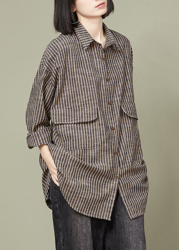 Grey Striped Button Cotton Blouse Tops Fall