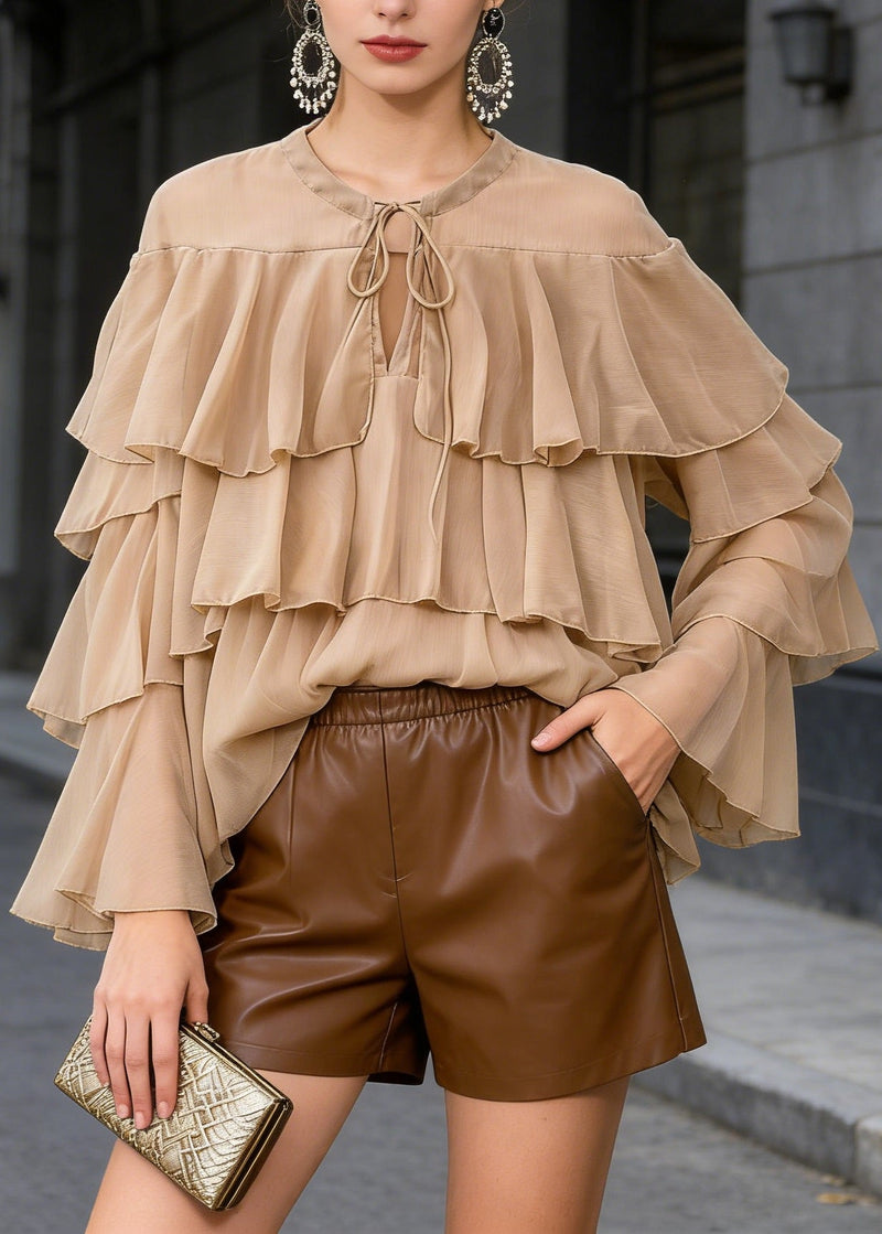 Light Brown O Neck Ruffled Patchwork Chiffon Blouses Spring