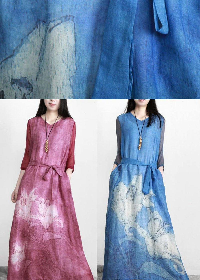 Purple Print Linen Tunic Maxi Dresses