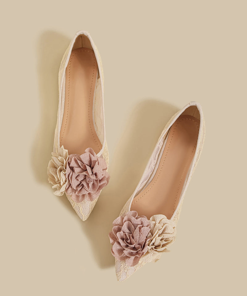 Apricot Lace Flat Feet Shoes Splicing Pointed Toe