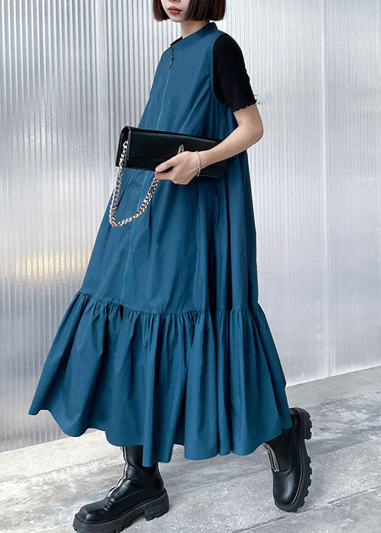 Blue Stand Collar Tie Waist Zip Up Mid Dress Spring