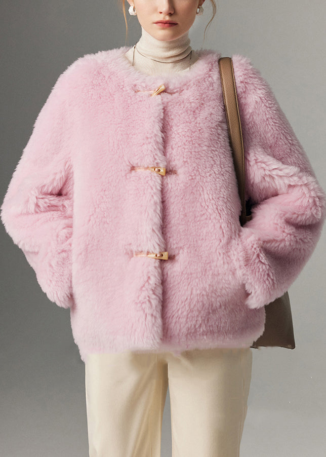 Pink O Neck Button Woolen Coats Winter