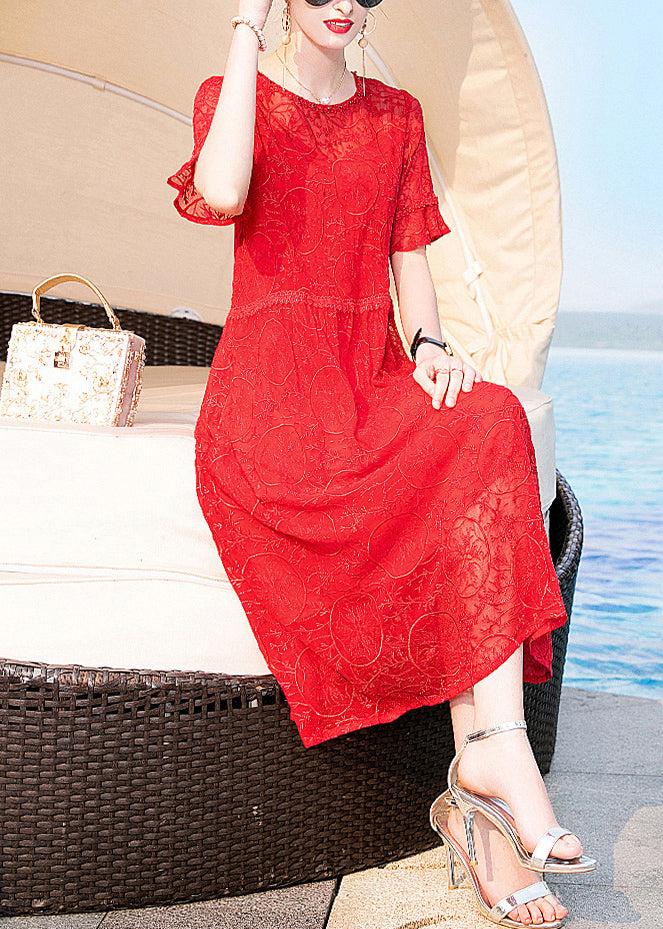 Red O-neck Original Design Lace Dresses Short Sleeve