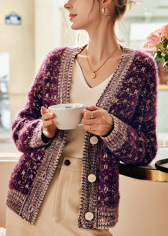 Purple Button Pockets Patchwork Knit Coats Spring