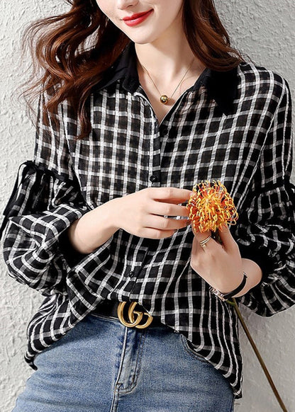 Black Plaid Patchwork Button Shirt Long Sleeve