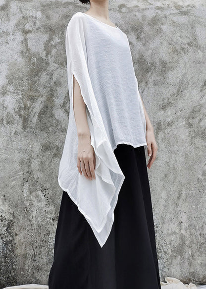 Natural White O-neck Linen Loose Tops Short Sleeve