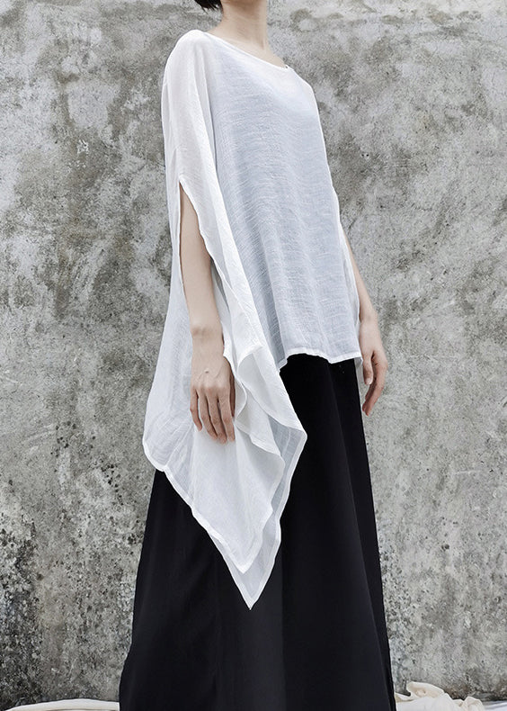 Natural White O-neck Linen Loose Tops Short Sleeve