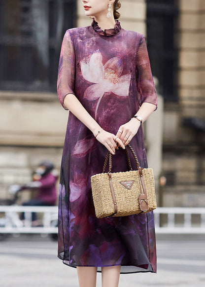 Purple Ruffled Lotus Print Patchwork Silk Dress Summer