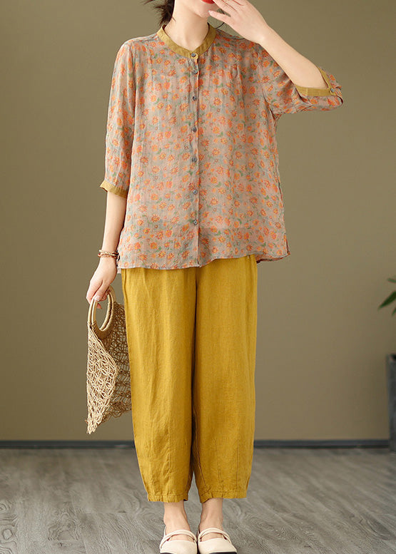 Orange Button Pockets Cotton Two-piece Set Pink Half Sleeve Bracelet Sleeve