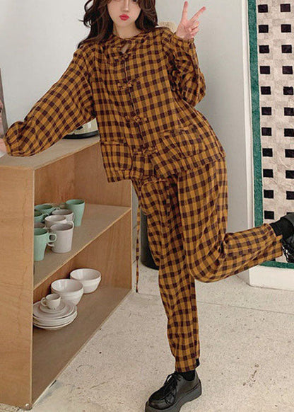Handmade Khaki O-neck Button Plaid Warm Fleece Two Piece Outfit Spring