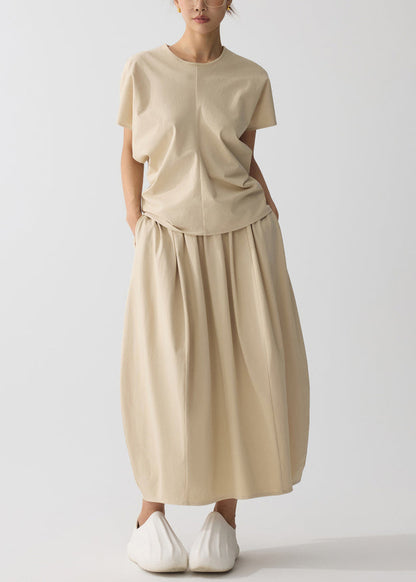 Khaki Oversized Wrinkled Cotton Two Pieces Set Summer