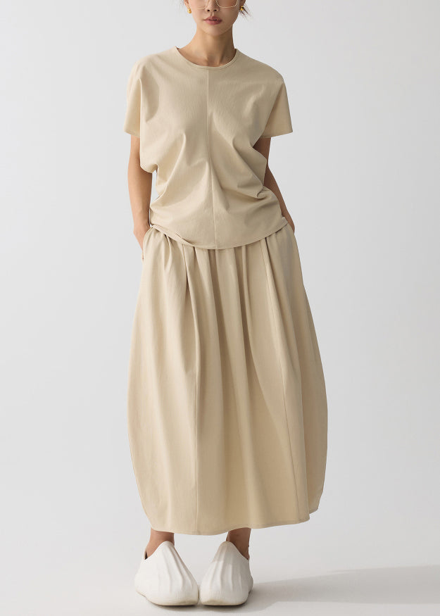 Khaki Oversized Wrinkled Cotton Two Pieces Set Summer