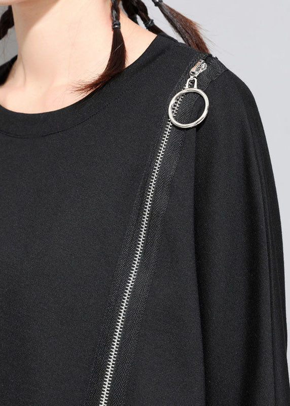 Black O-neck Patchwork Asymmetrical Design Zippered Fall Long Sleeve Top