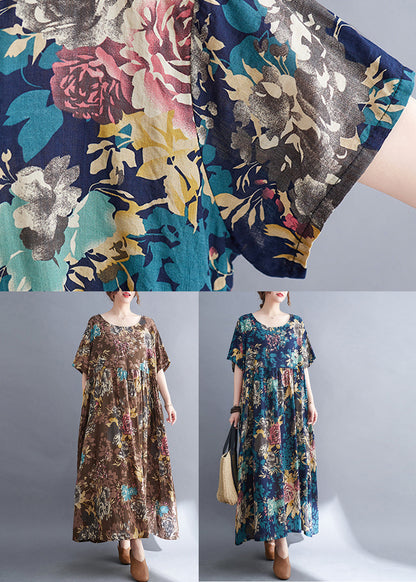 Coffee O-neck Print Maxi Dress Short Sleeve