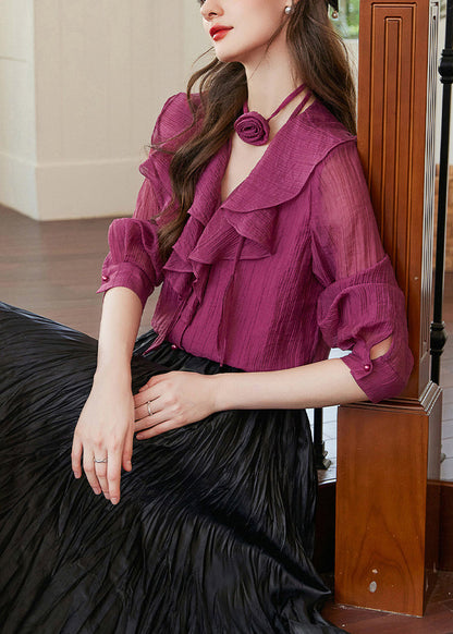 Purple V Neck Ruffled Patchwork Removable Shirts Fall