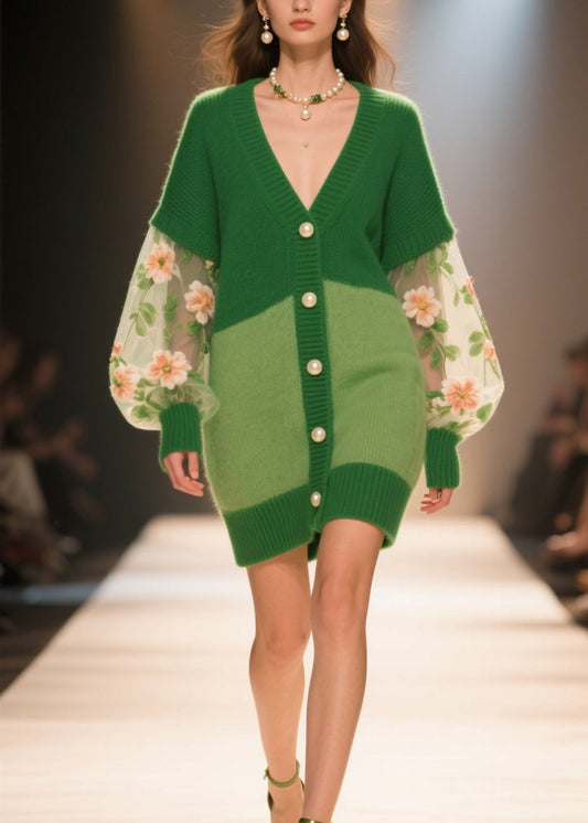 Italian Green V Neck Tulle Patchwork Knit Cardigans Fall