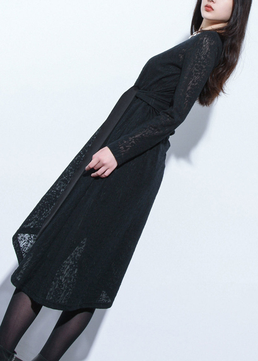 Style Black O-neck Hollow Out Low High Design Lace Long Dress Long Sleeve