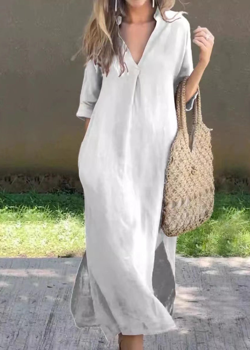 Loose Red V Neck Side Open Linen Holiday Dress Half Sleeve Summer