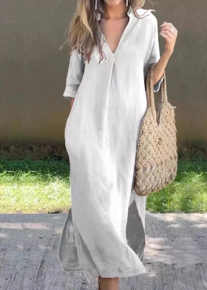 Loose Red V Neck Side Open Linen Holiday Dress Half Sleeve Summer