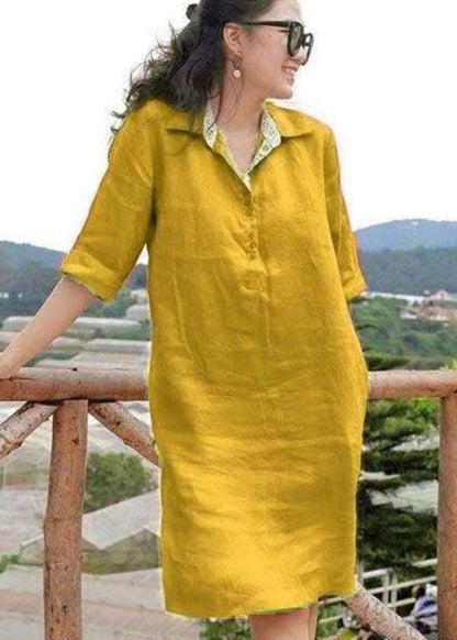Handmade Yellow Peter Pan Collar Patchwork Vacation Mid Linen Dresses Summer