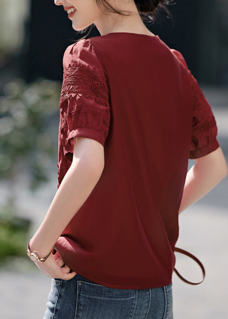 Natural Red O-neck Embroidered Cotton Blouses Summer
