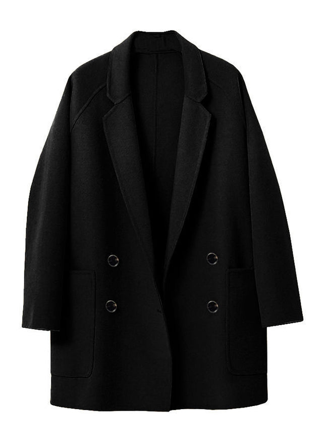 Black Notched Button Woolen Coats Fall