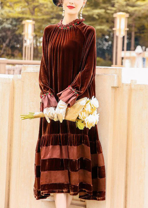 Brown Oversized Patchwork Silk Velour Robe Dresses Spring