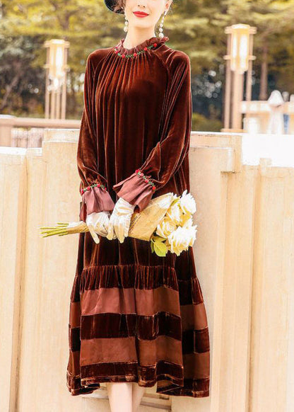 Brown Oversized Patchwork Silk Velour Robe Dresses Spring