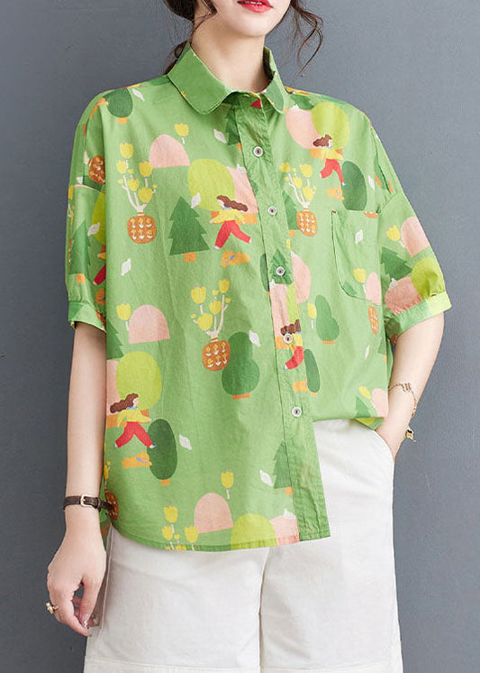 Green Peter Pan Collar Print Patchwork Cotton Shirt Tops Summer