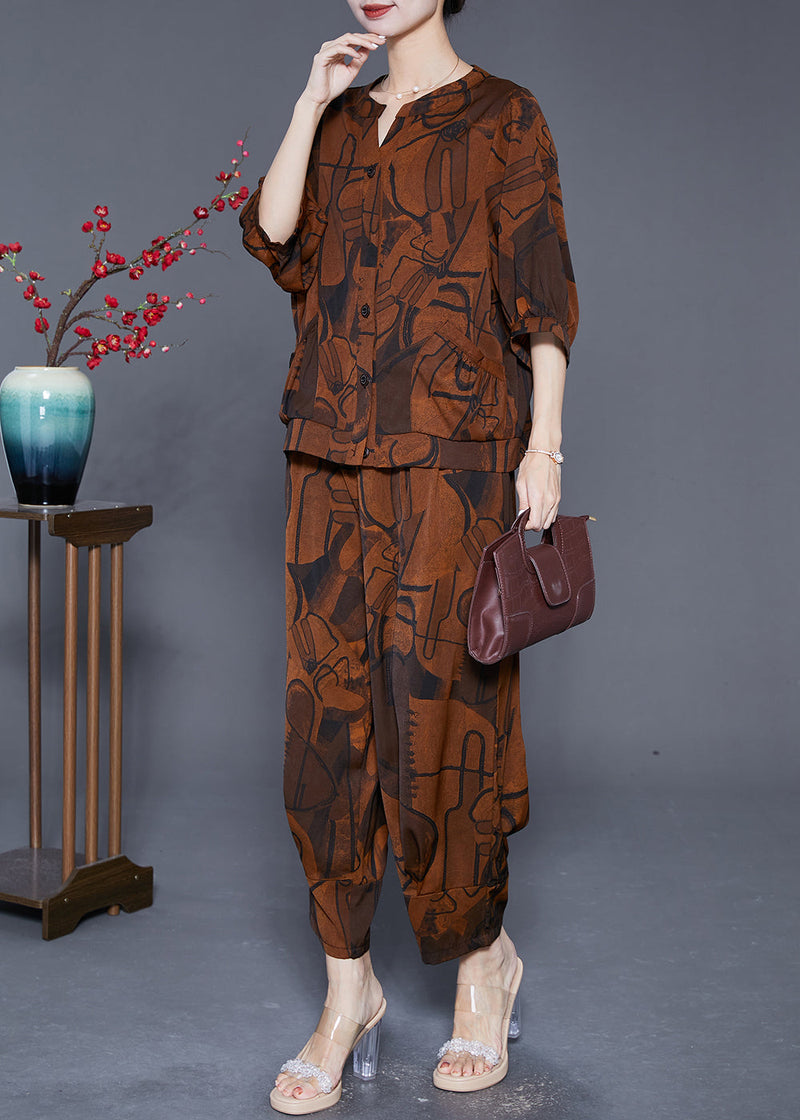 Boutique Coffee Print Pockets Silk Sets 2 Pieces Summer