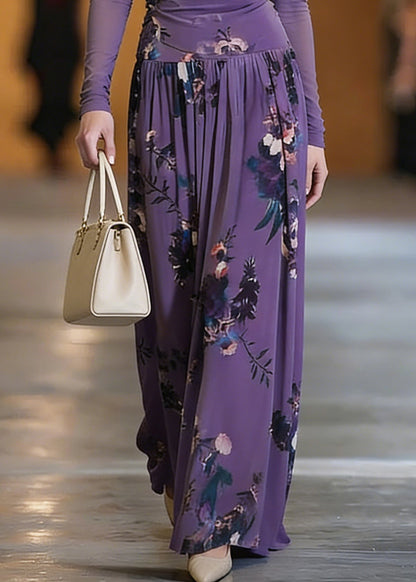 Purple O-neck Print Top and Maxi Skirts Two Pieces Set Spring