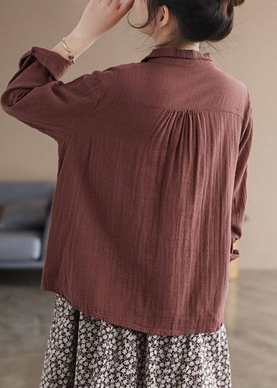 Khaki Button Peter Pan Collar Asymmetrical Design Cotton Tops Long Sleeve