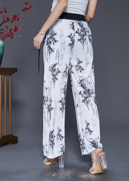White Bamboo Print Draping Chiffon Straight Pants Fall