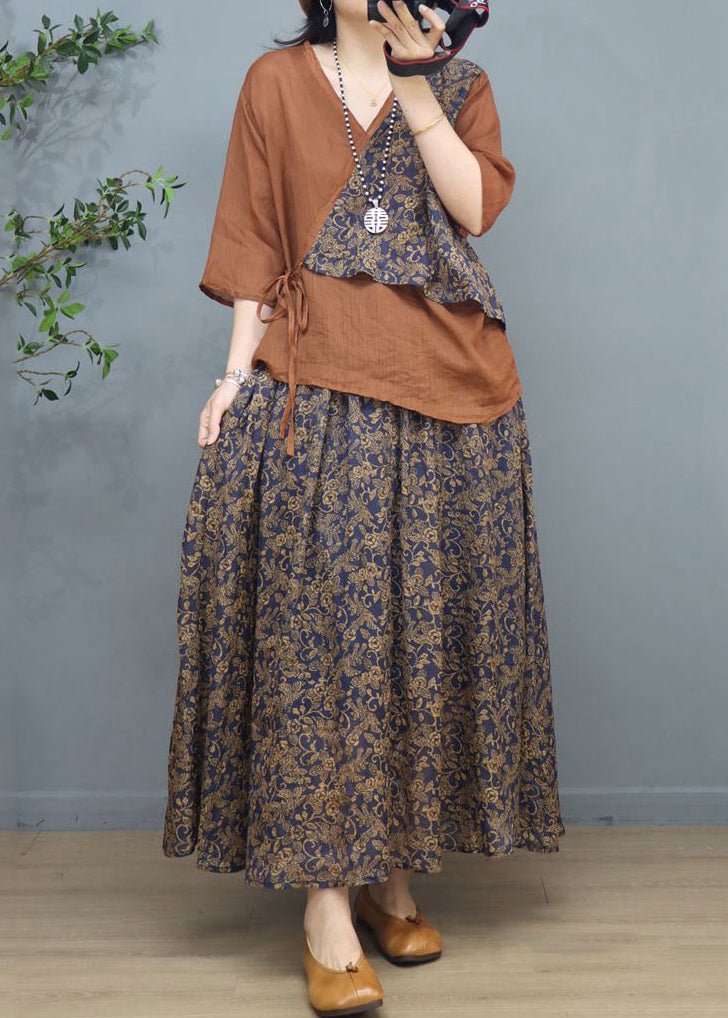 New Khaki Print Patchwork Tops and Skirts Cotton Two Pieces Set Summer