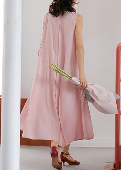 Pink O-neck Wrinkled Long a Line Dresses Sleeveless