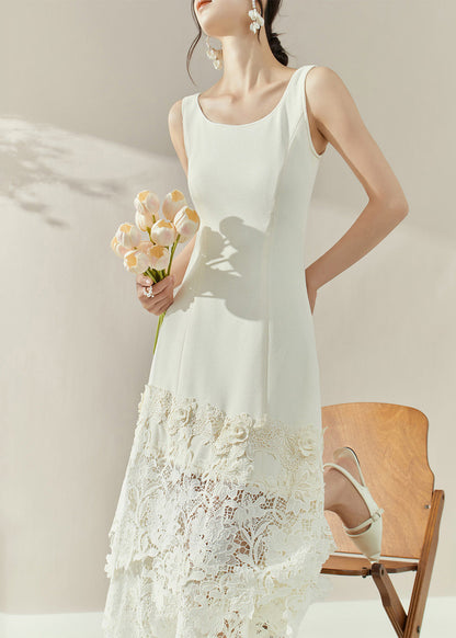 White O-neck Lace Patchwork Maxi Spaghetti Strap Dresses Sleeveless