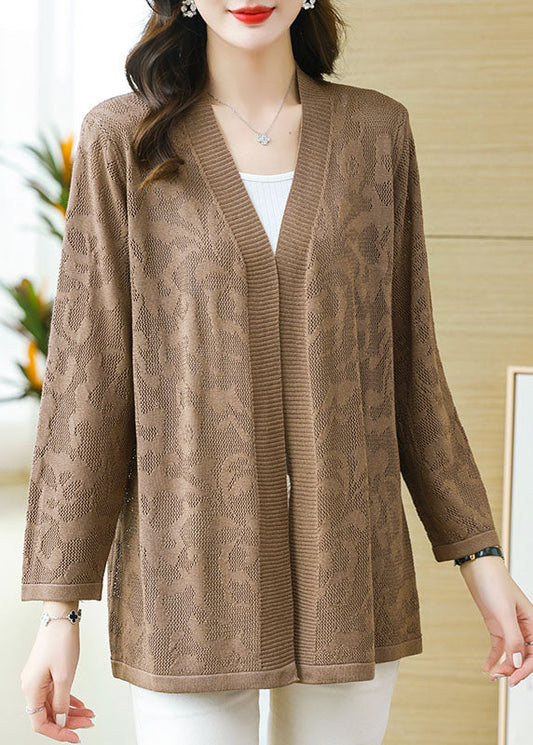 Coffee Patchwork Thin Knit Cardigan Long Sleeve