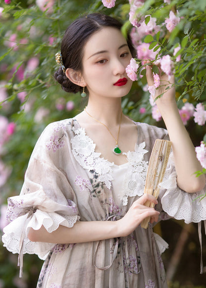 Chocolate Colour V Neck Cinched Tie Waist Print Lace Dresses Short Sleeve