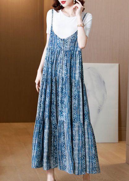 Blue Print Patchwork Exra Large Hem Cotton Spaghetti Strap Dress Two Piece Set Summer