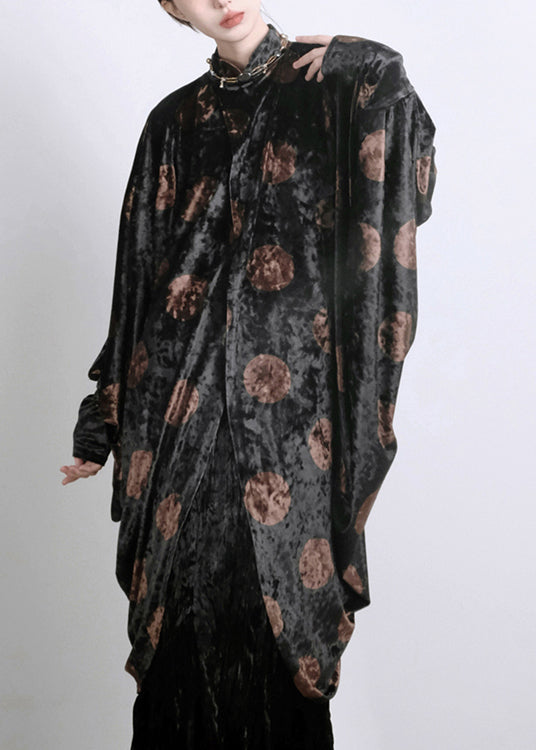 Black Asymmetrical Print Silk Velour Shirts Batwing Sleeve