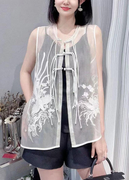 Vogue Black O-neck Embroideried Button Silk Waistcoat Summer