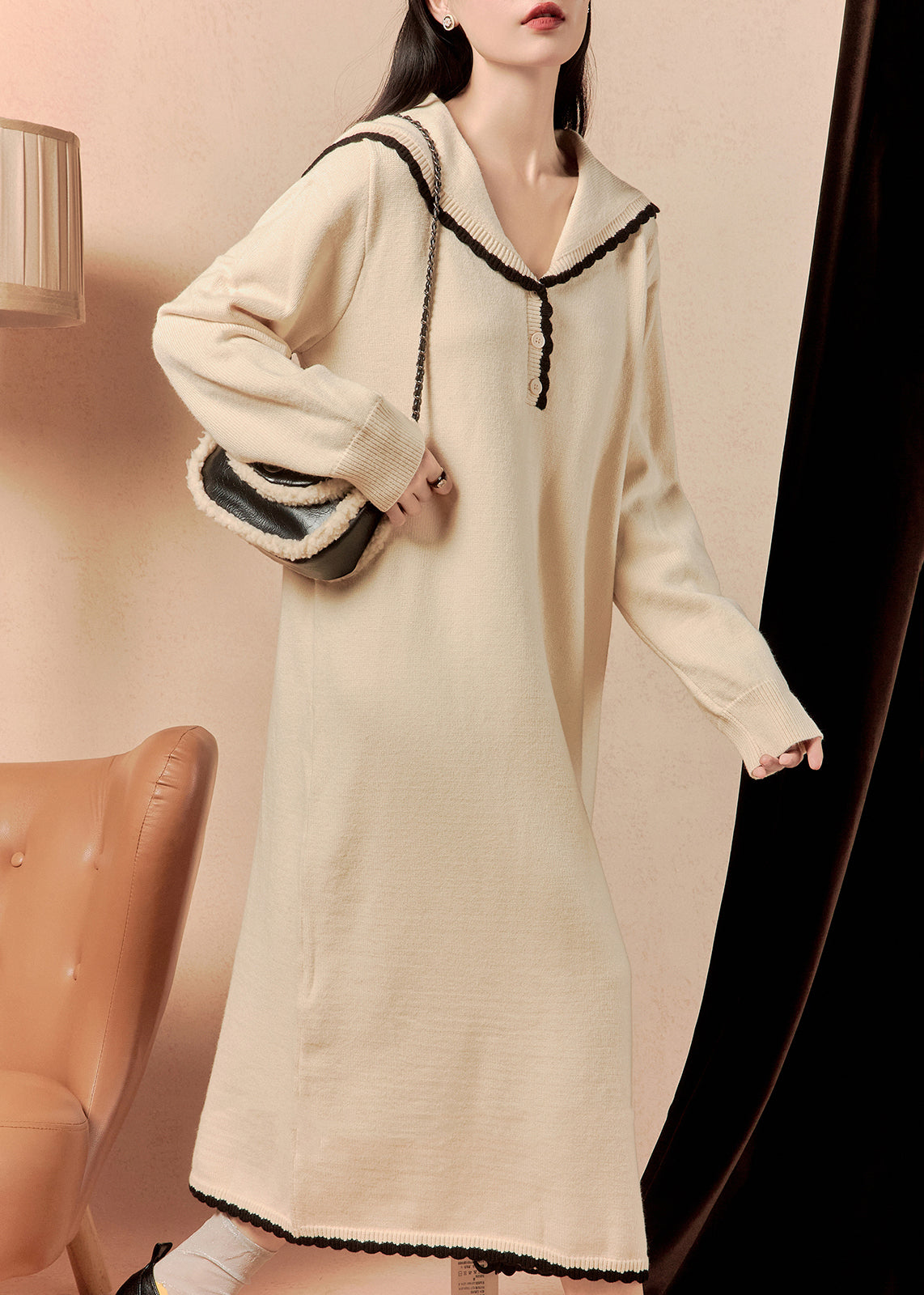 Beige Sailor Collar Button Knit Dress Winter