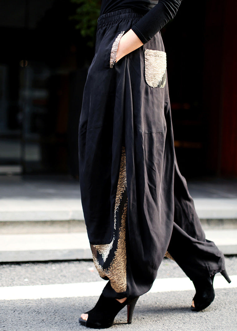 Black Print Elastic Waist Wide Leg Pants Spring