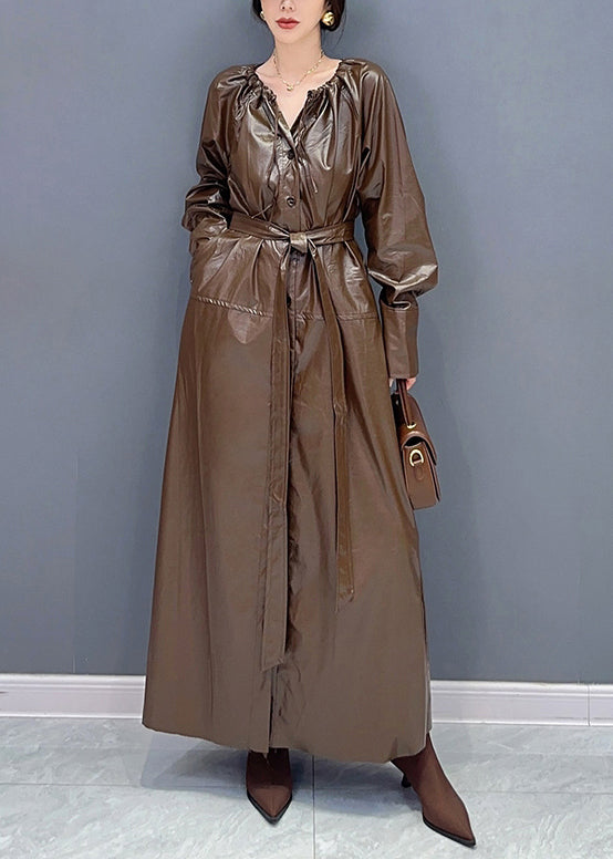 Coffee Drawstring Tie Waist Faux Leather Long Trench Coat Fall