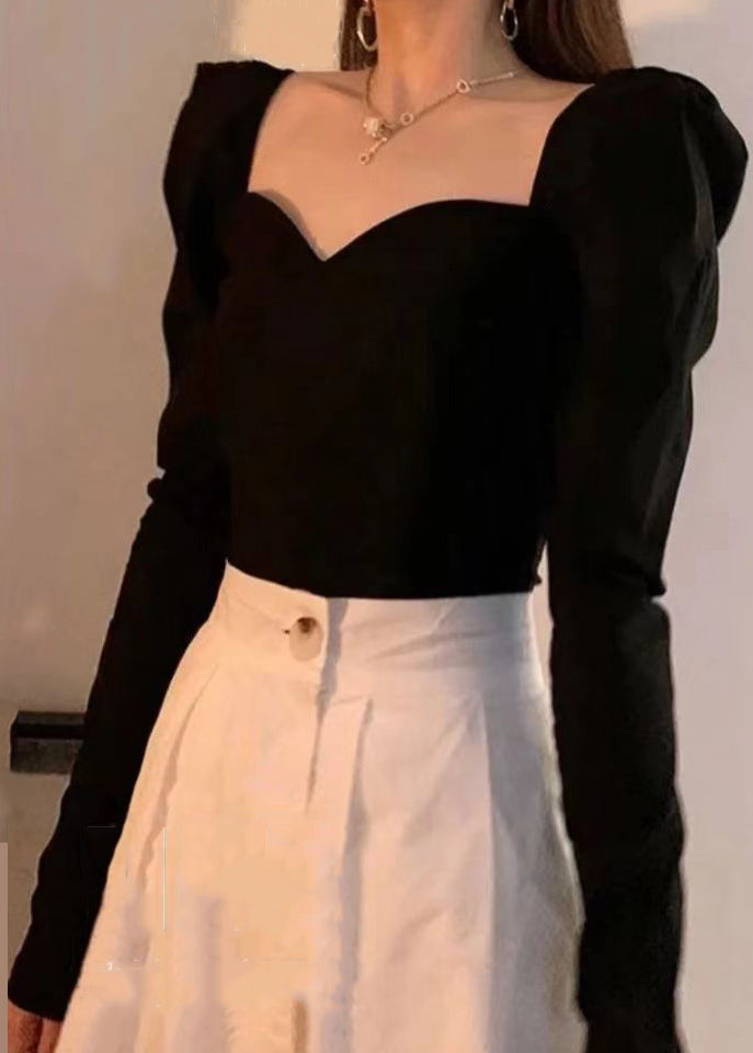 Slim Fit Black Asymmetrical Cotton T Shirt Long Sleeve