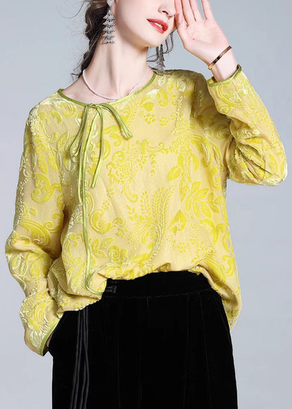 Yellow O-neck Lace Up Silk Velour Tops Fall