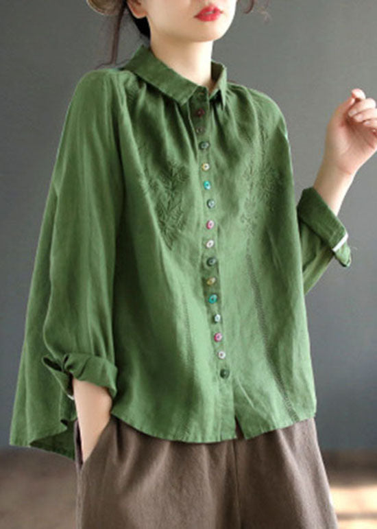 Style Green Embroideried Patchwork Linen Shirts Spring