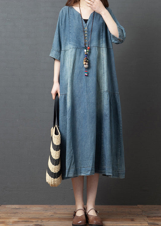 Blue Patchwork Cotton Denim Dresses Button Half Sleeve