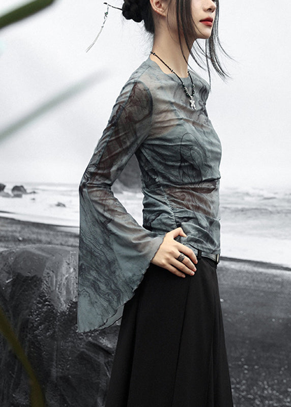 Slim Fit Grey O-neck Print Tulle Tops Flare Sleeve
