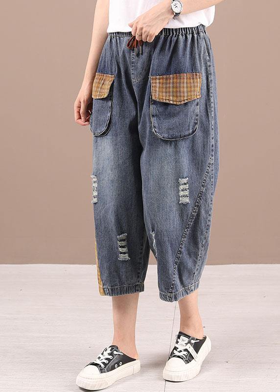 Blue High Waist Pockets Summer Denim Pants